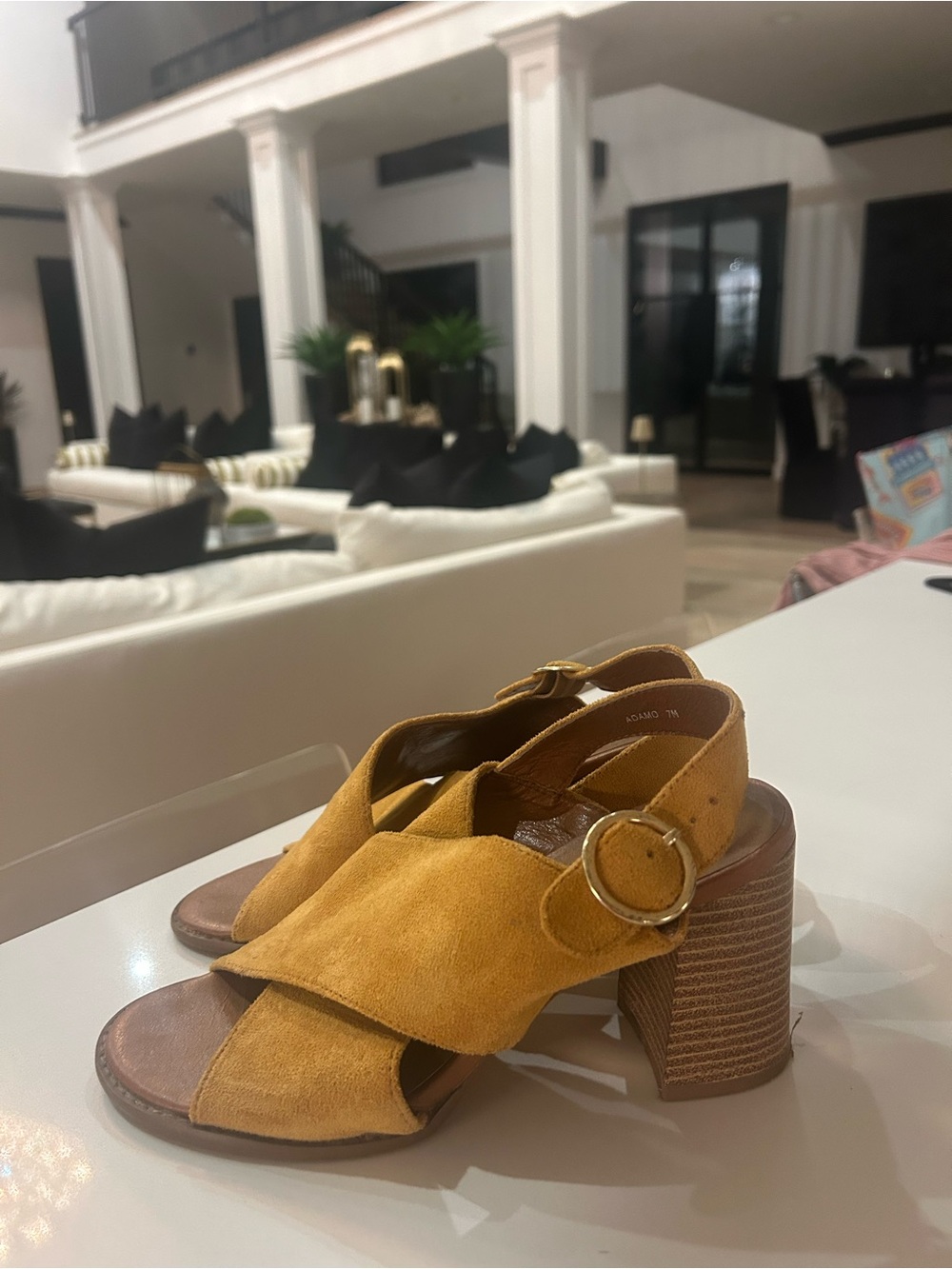 Damo Mustard Suede Buckle Block-Heel Sandals